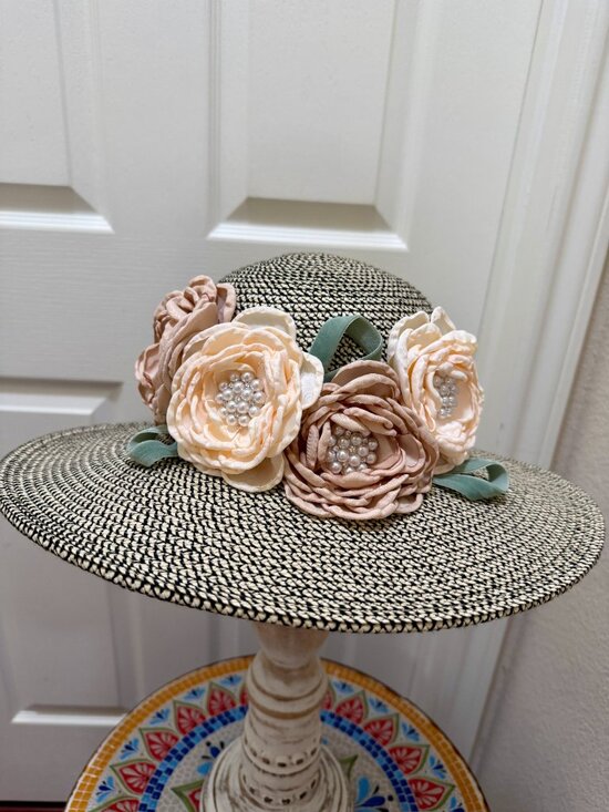 Elegant Women\'s Tweed Sun Hat With Satin Flowers And Pearls Wedding Tea Party main image 10